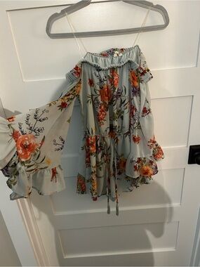 Floral Off-Shoulder Romper in Light Sage with Orange-Pink Blooms
